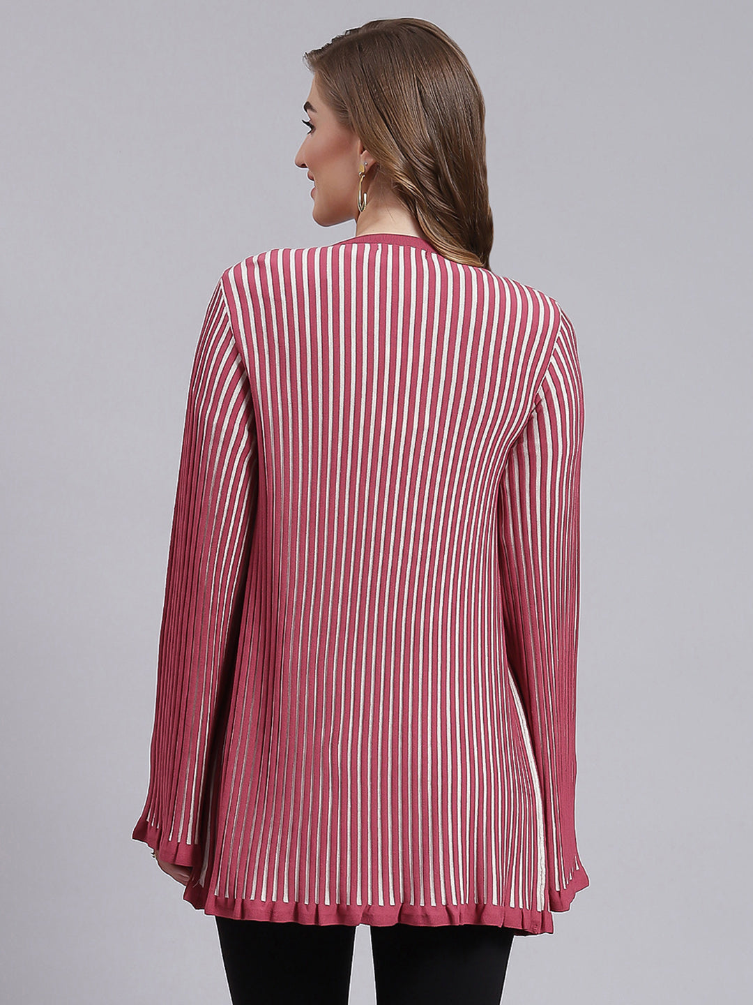 Women Dark Pink Stripe Wool blend Cardigan