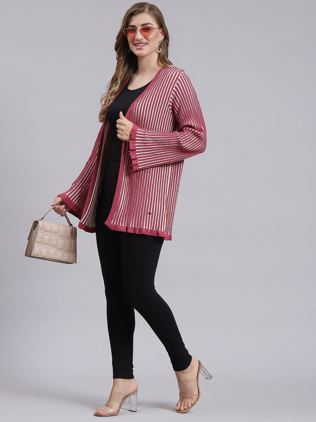Women Dark Pink Stripe Wool blend Cardigan