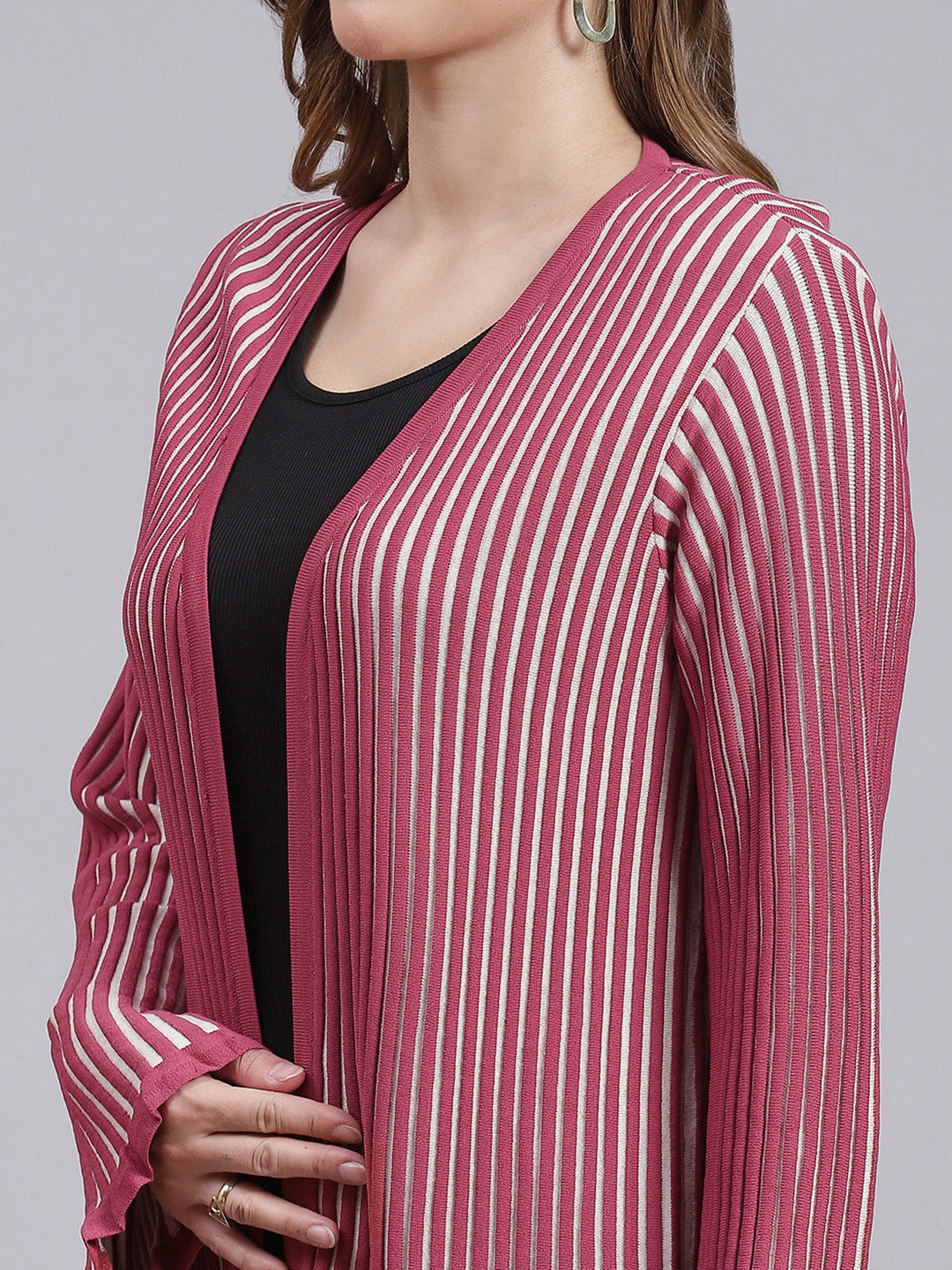Women Dark Pink Stripe Wool blend Cardigan