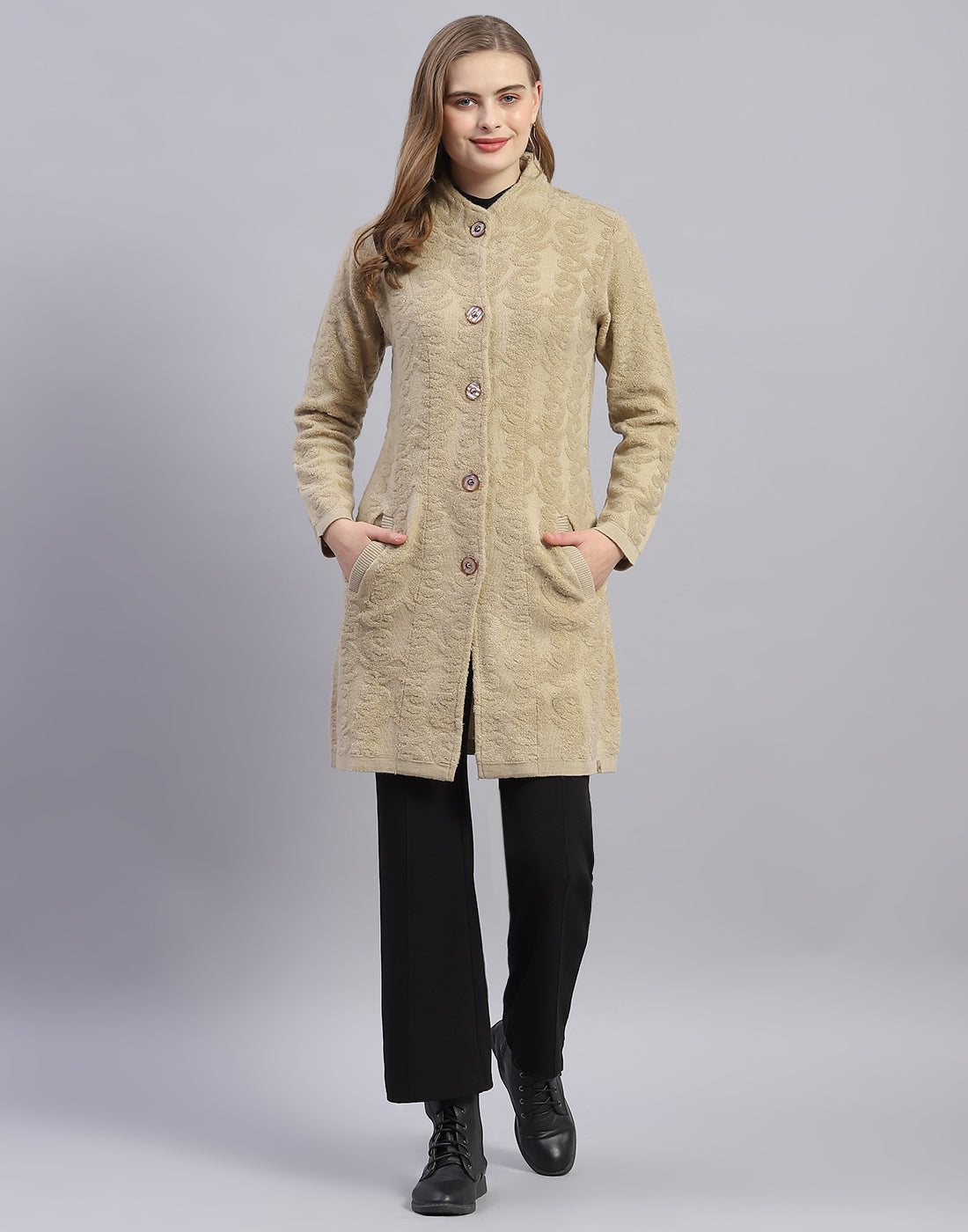 Women Camel Brown Printed Round Neck Full Sleeve Coat