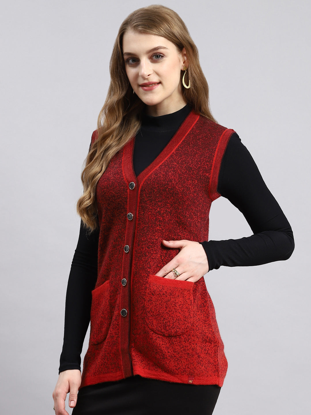 Women Red Jaquard Cardigan