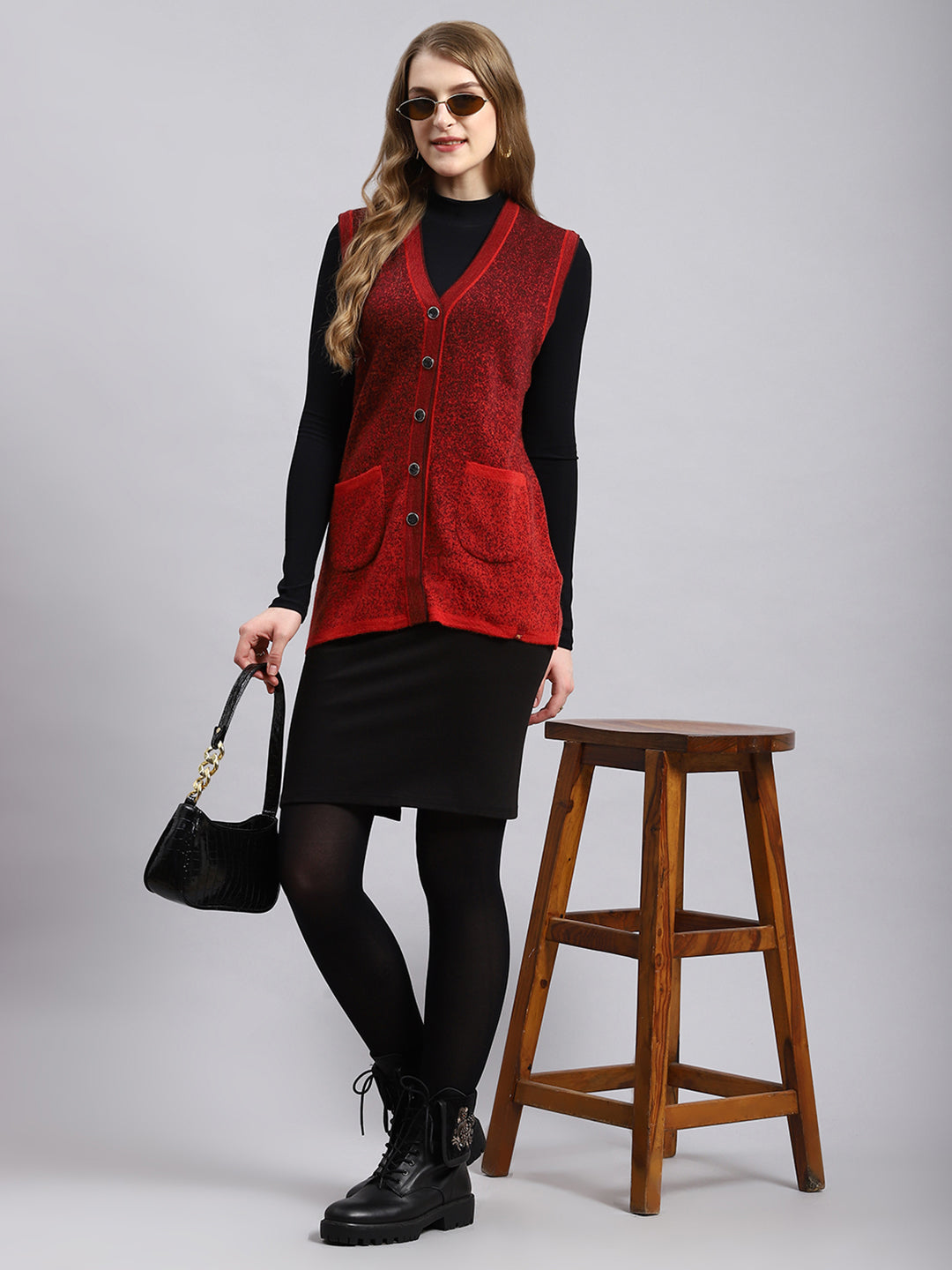 Women Red Jaquard Cardigan