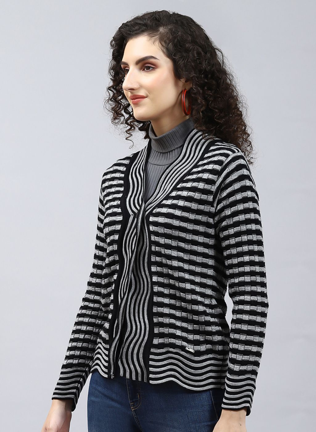 Women Black Stripe Wool blend Cardigan