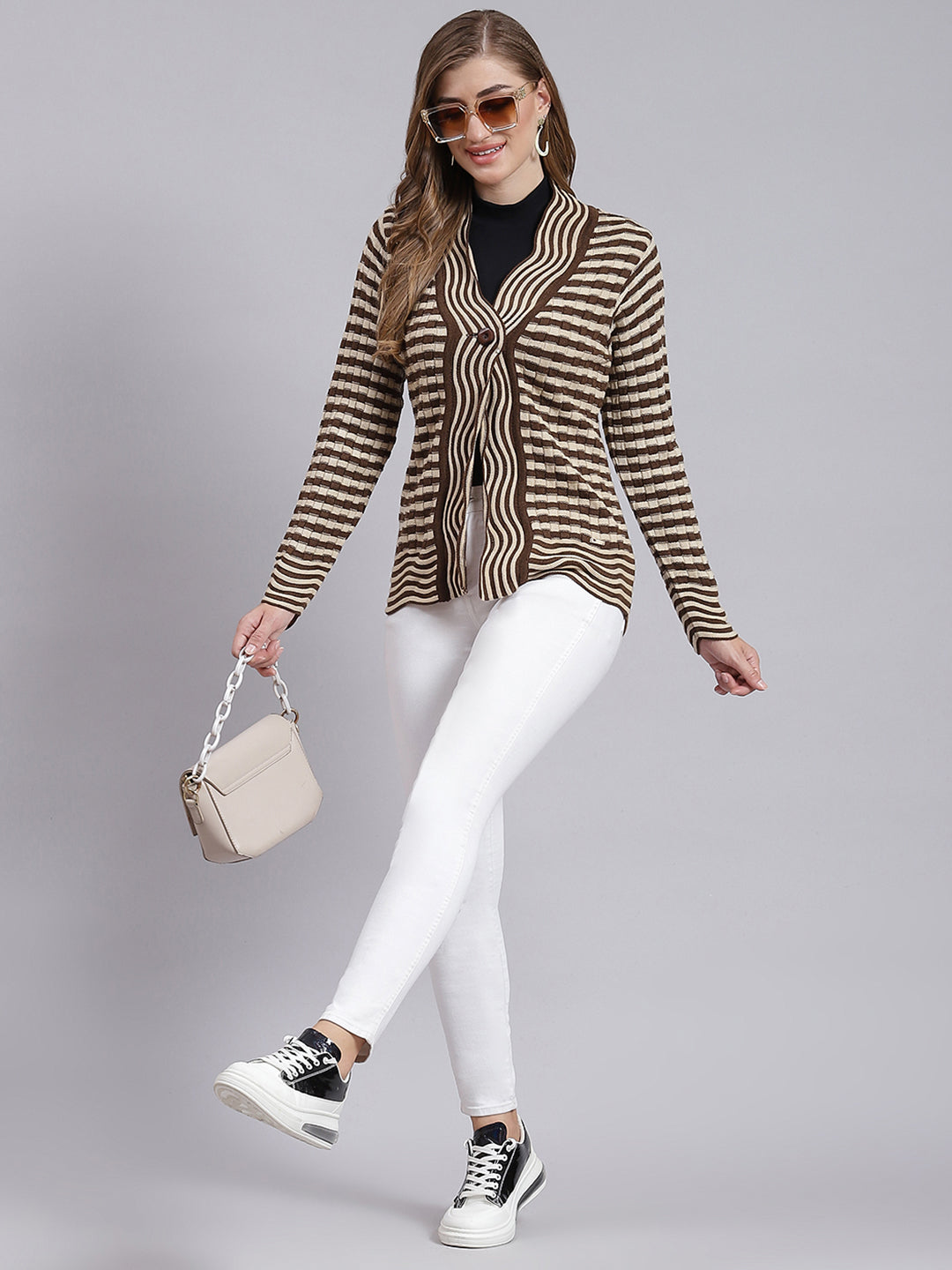 Women Beige & Brown Stripe Wool blend Cardigan