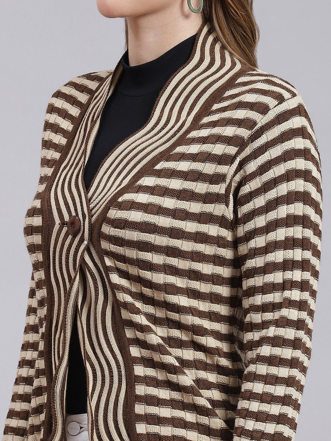 Women Beige & Brown Stripe Wool blend Cardigan