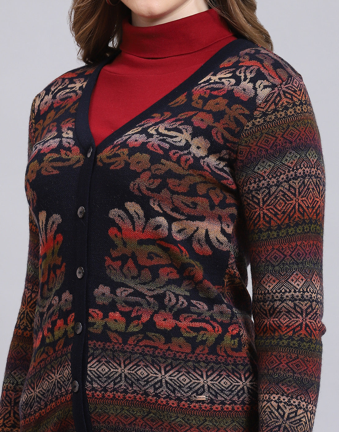 Women Navy Blue Self Design V Neck Full Sleeve Cardigan