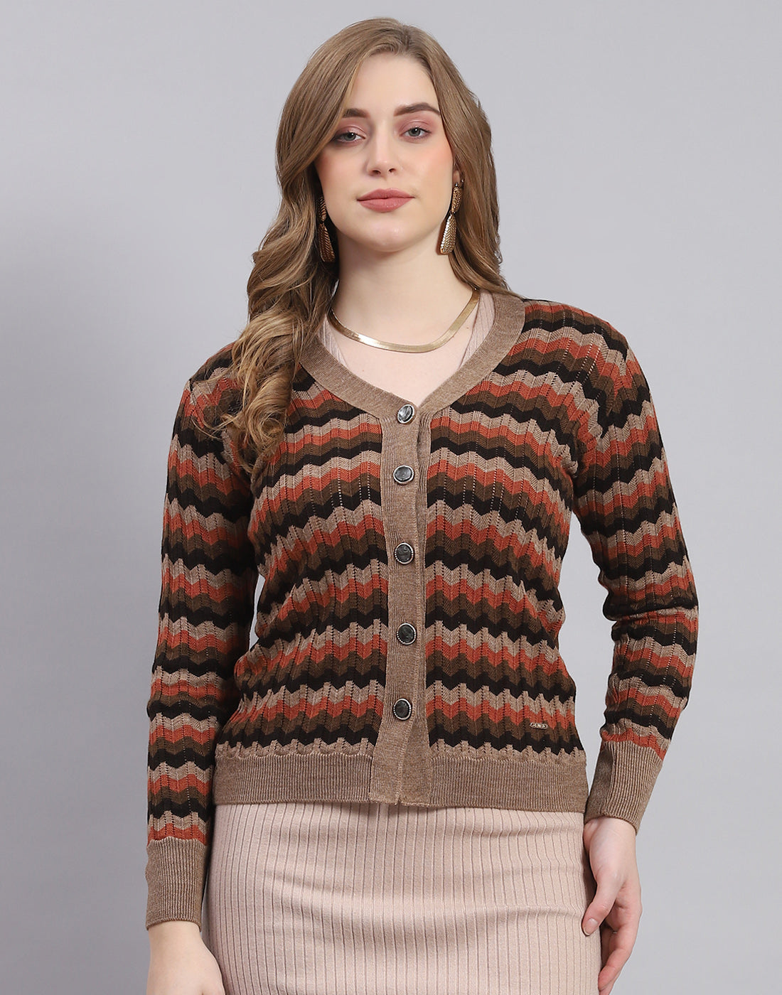 Women Brown Self Design V Neck Full Sleeve Sweater