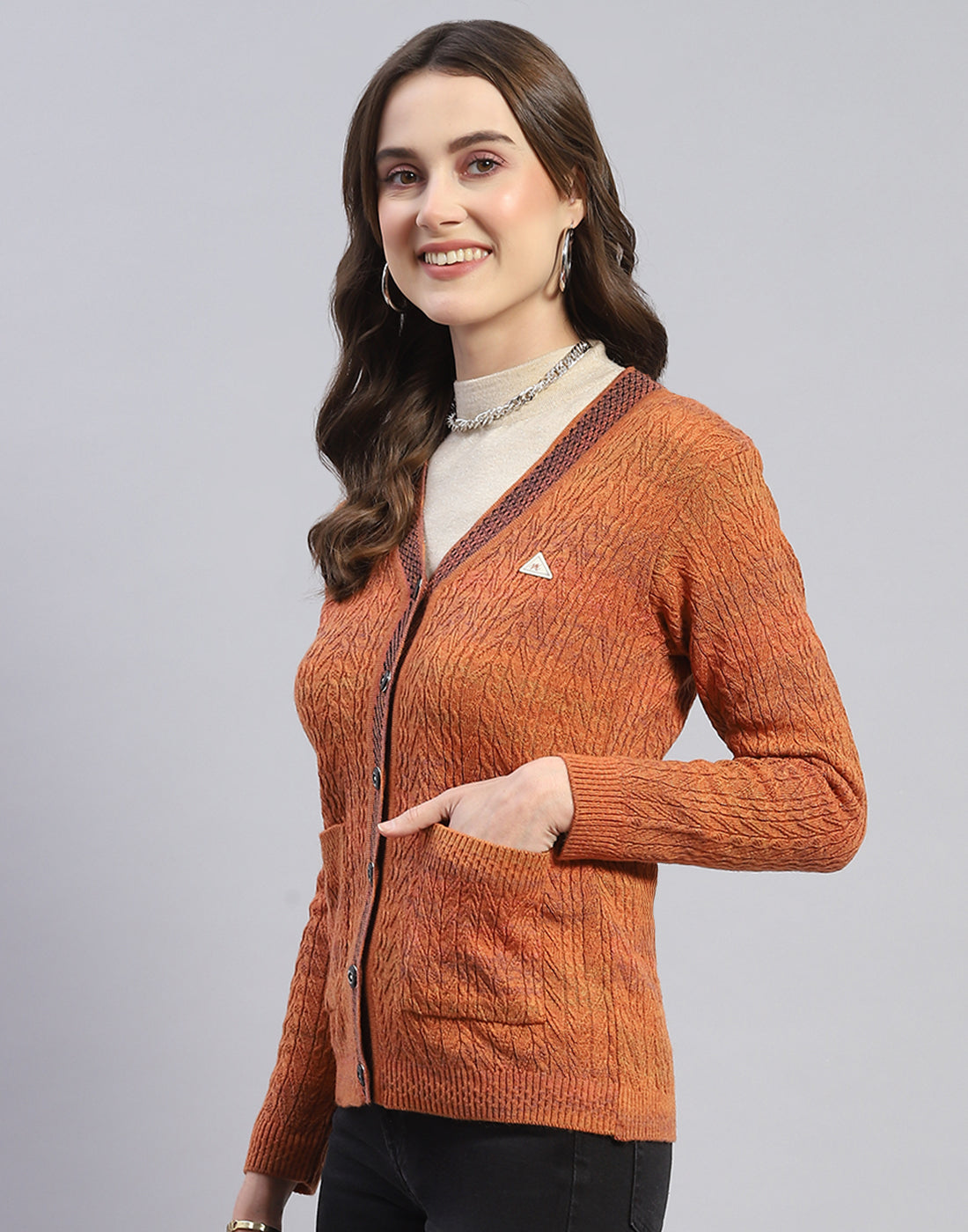 Women Rust Self Design V Neck Full Sleeve Cardigan
