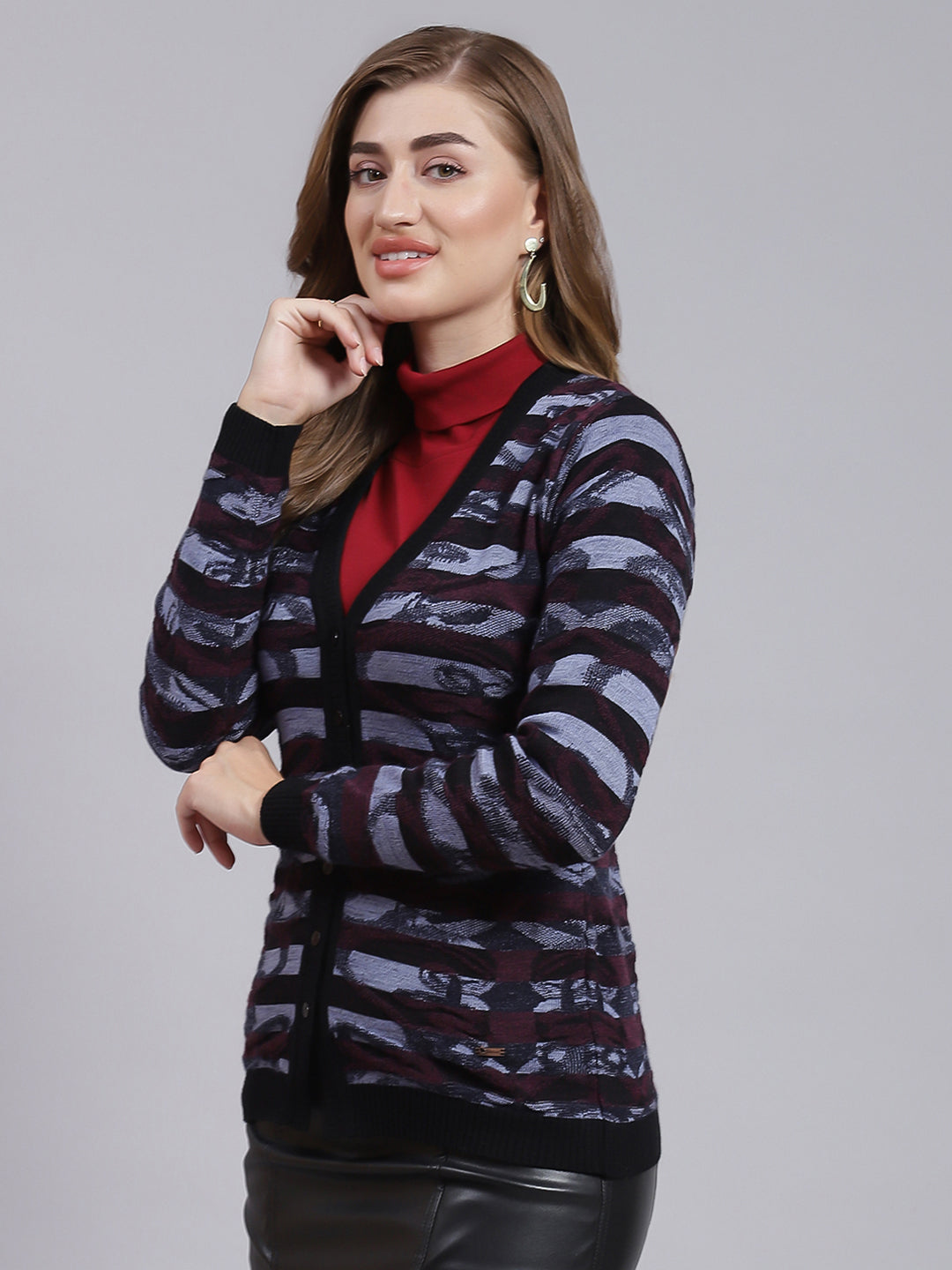 Women Black Jaquard Wool blend Cardigan