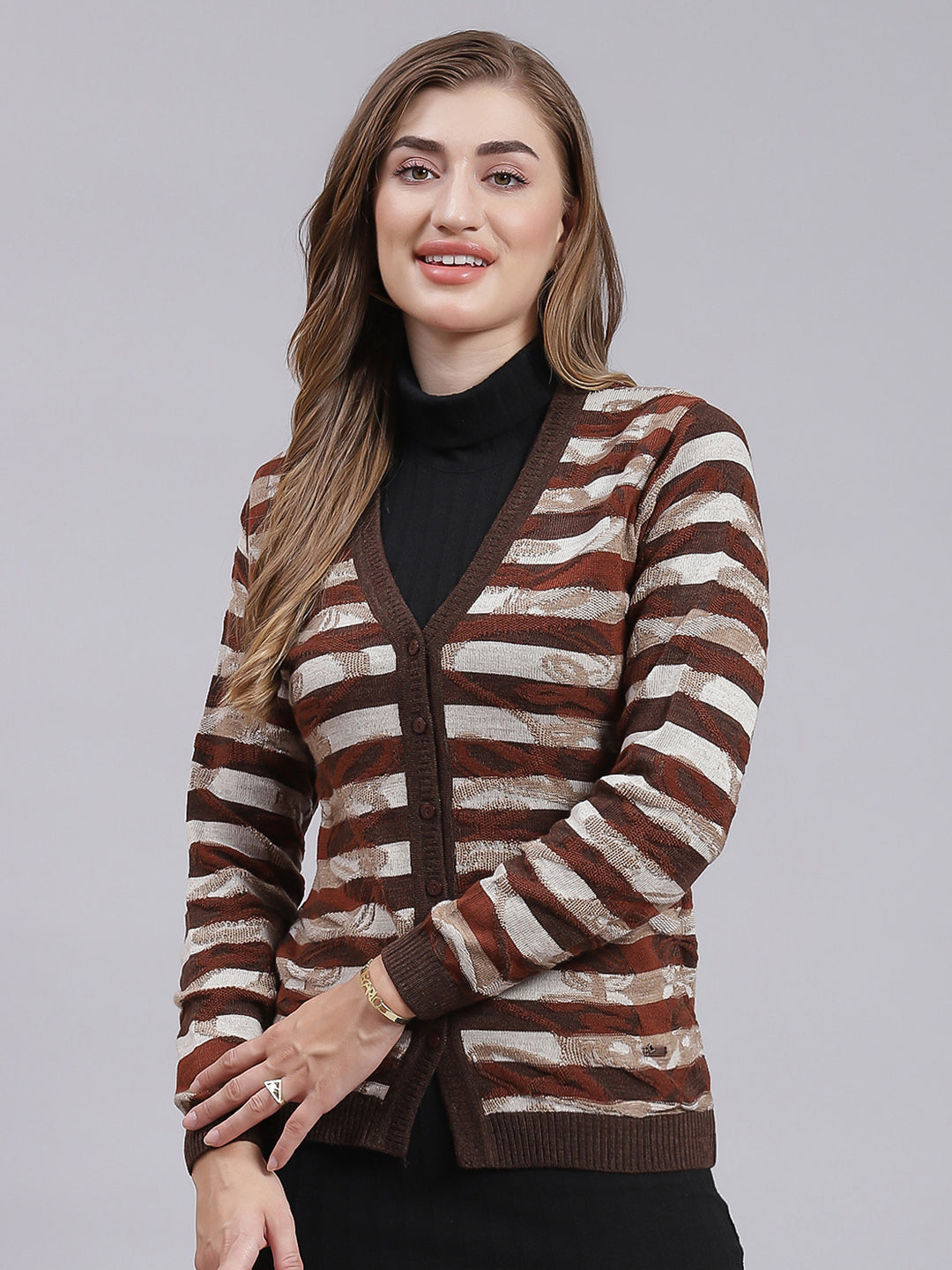 Women Brown Jaquard Wool blend Cardigan