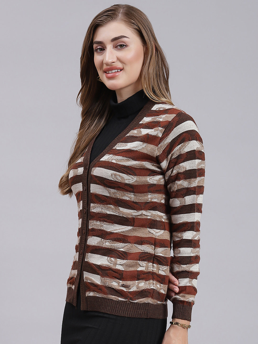 Women Brown Jaquard Wool blend Cardigan