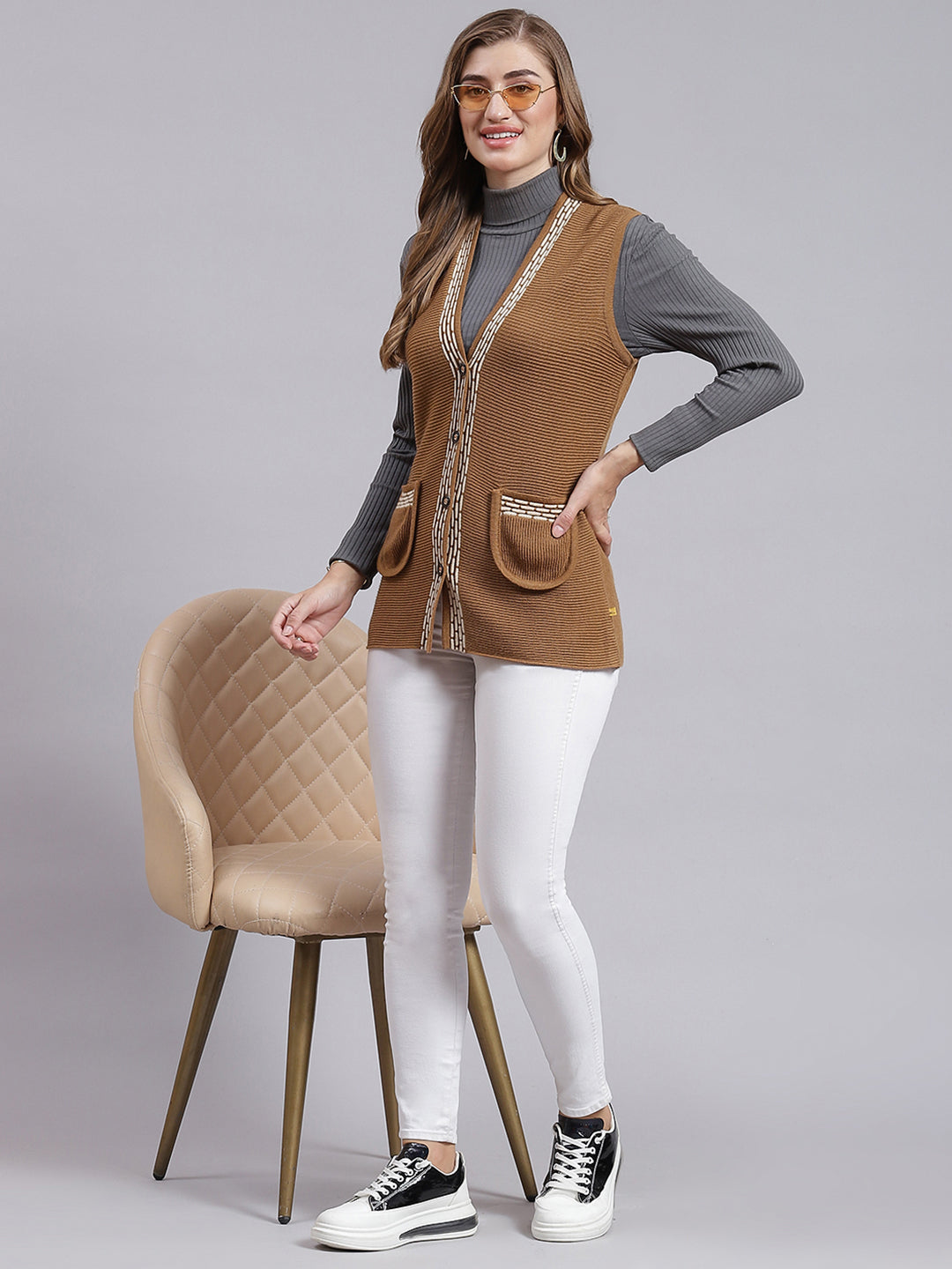 Women Mustard Solid Wool blend Cardigan