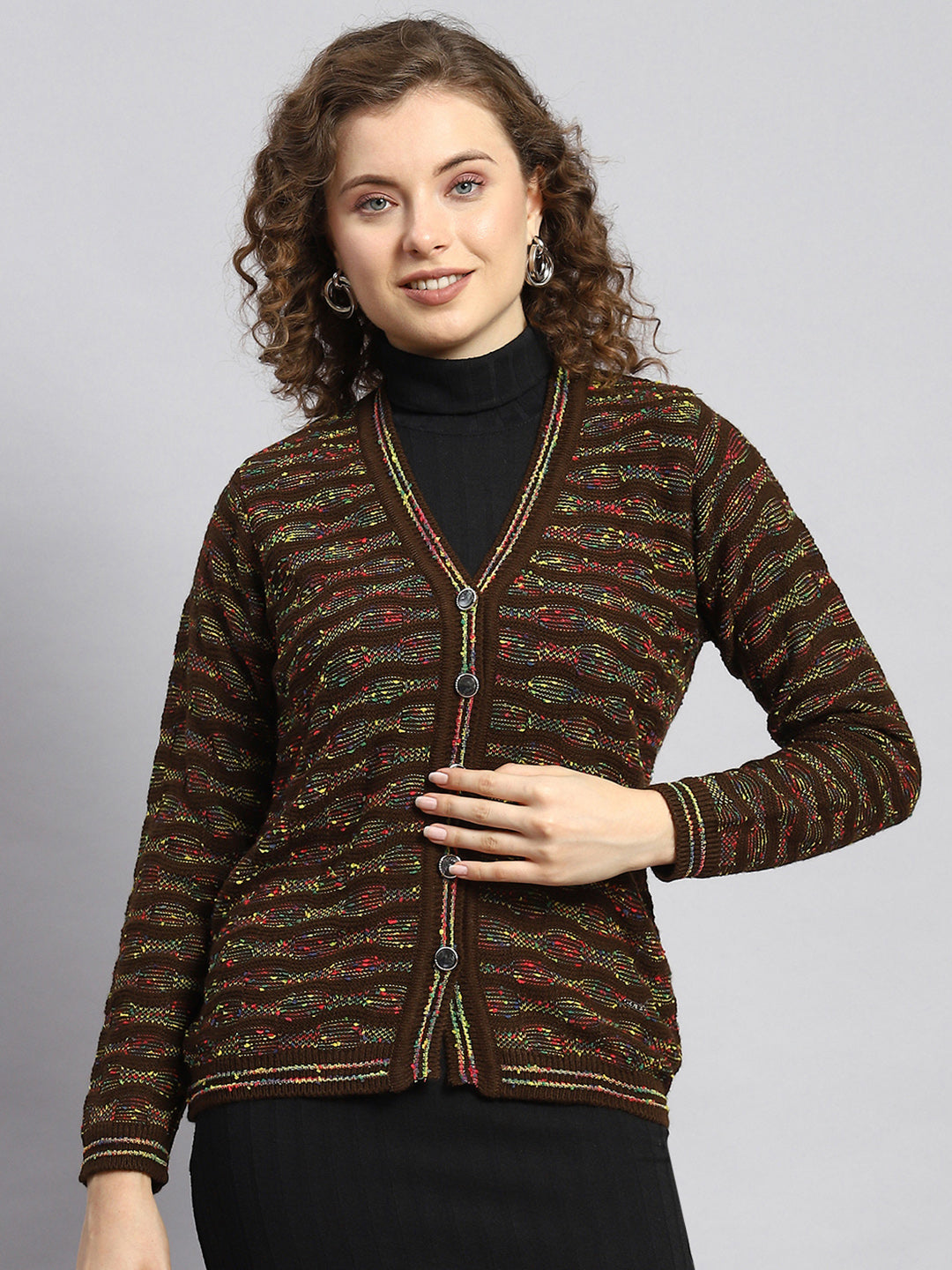 Women Brown Jaquard Cardigan