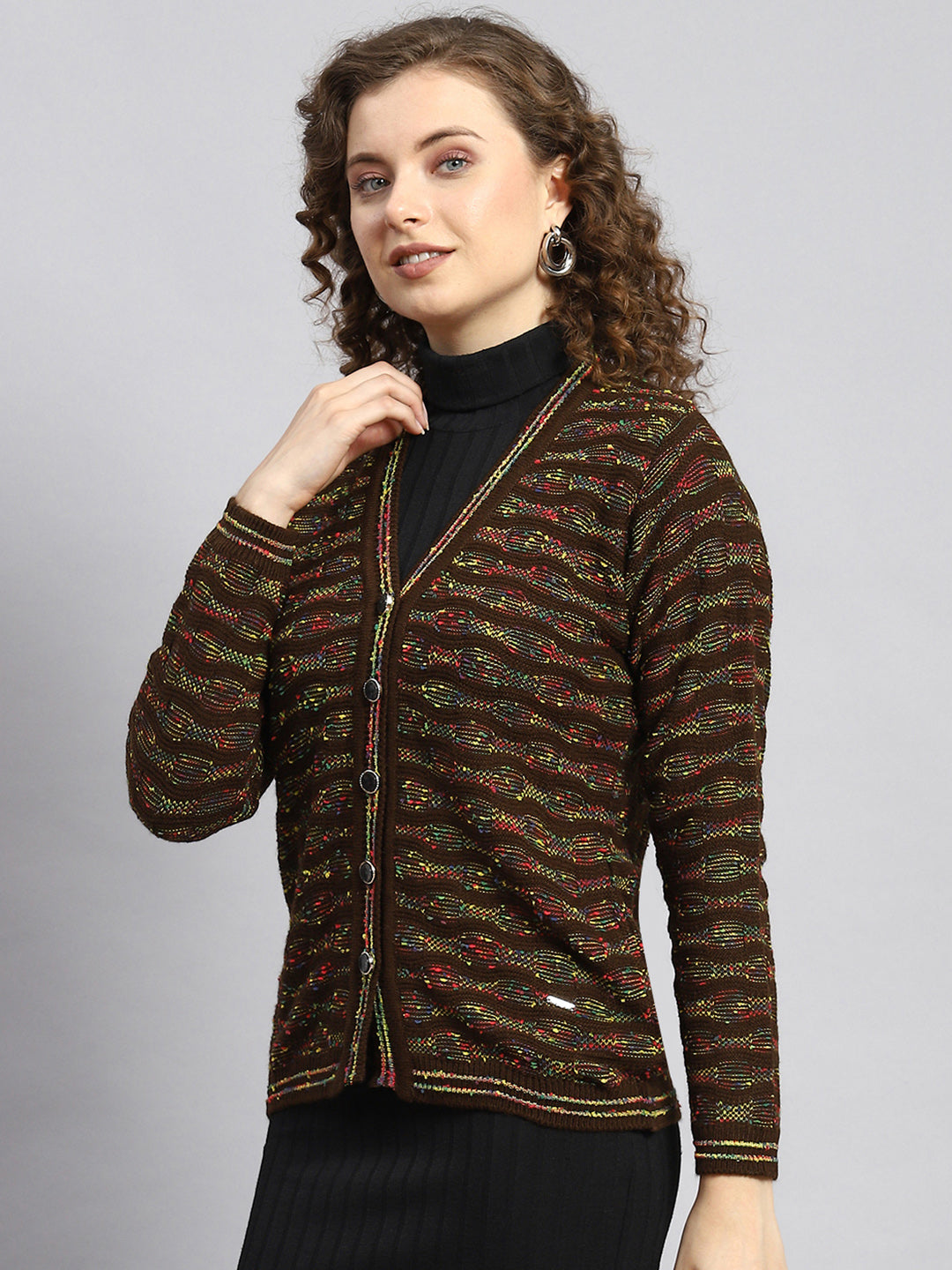 Women Brown Jaquard Cardigan