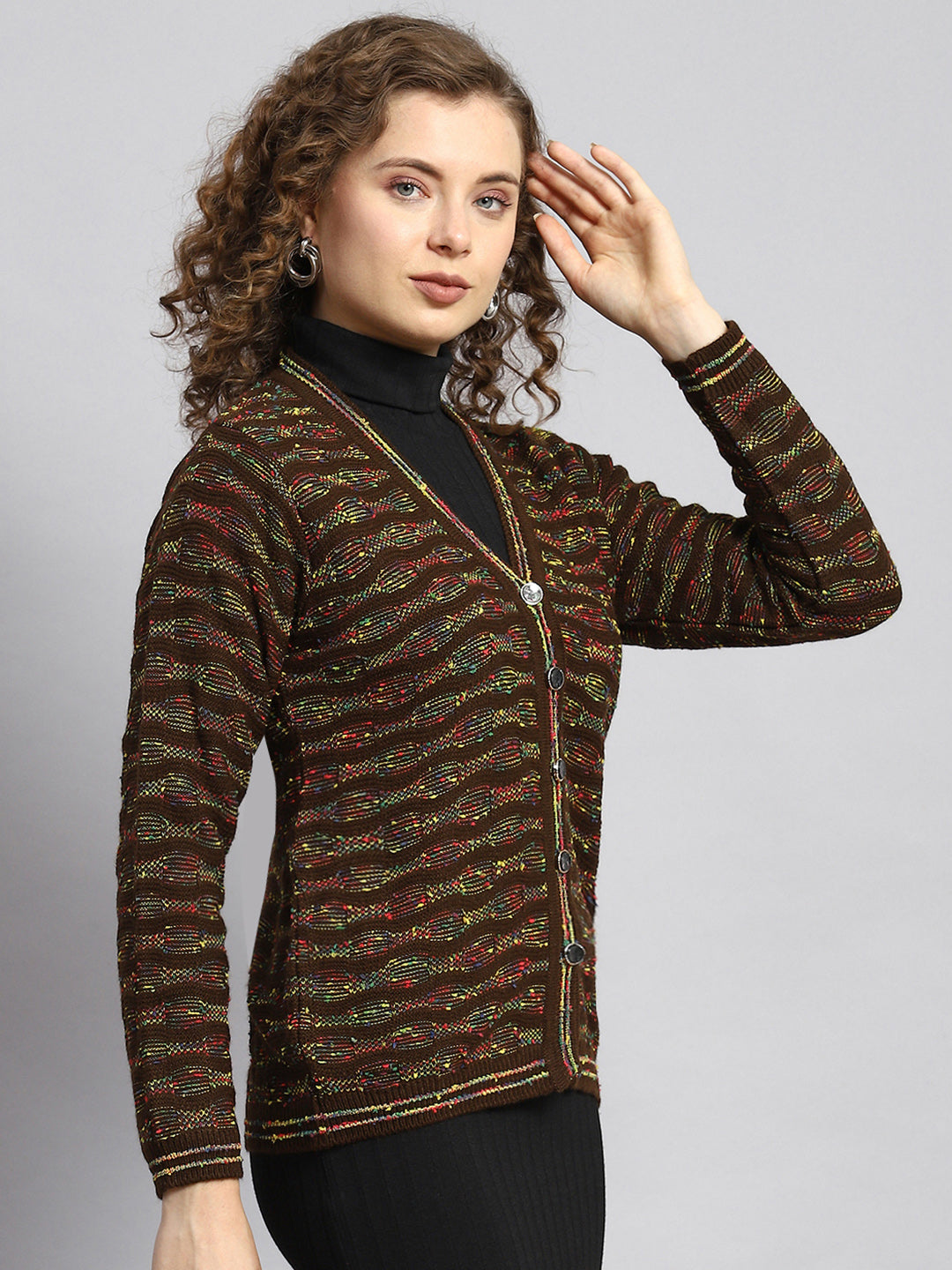 Women Brown Jaquard Cardigan