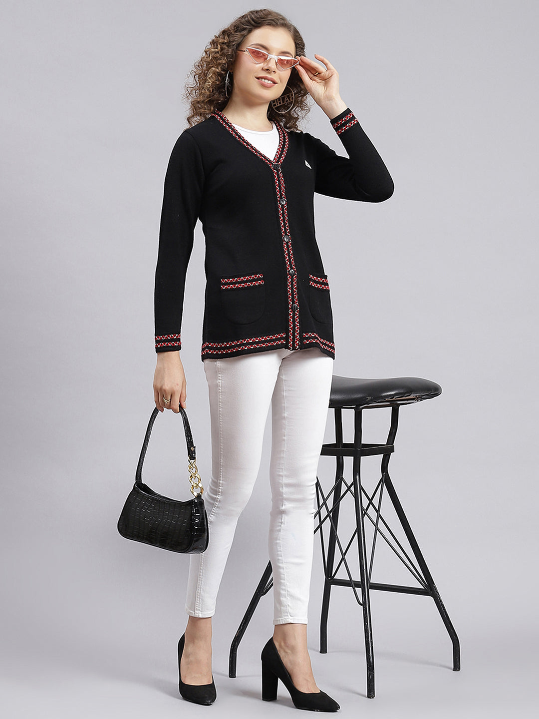 Women Black Solid Wool blend Cardigan