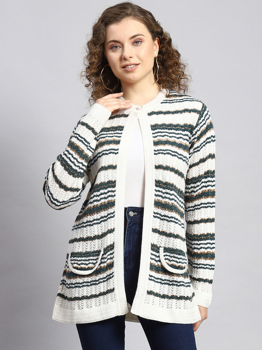 Women White Stripe Cardigan