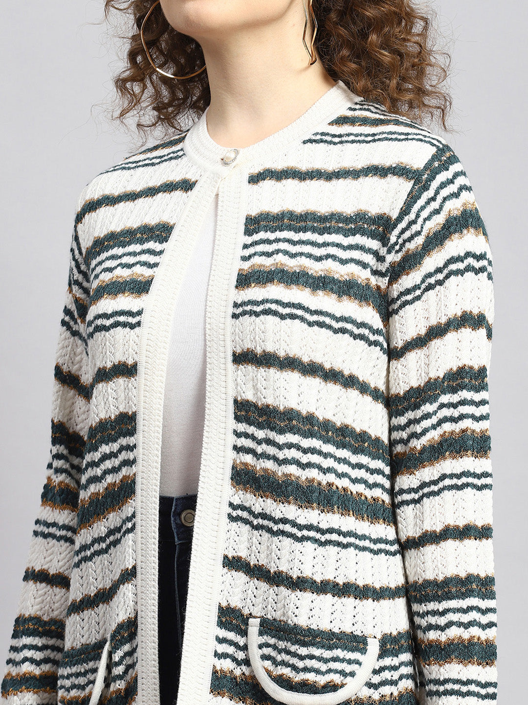 Women White Stripe Cardigan