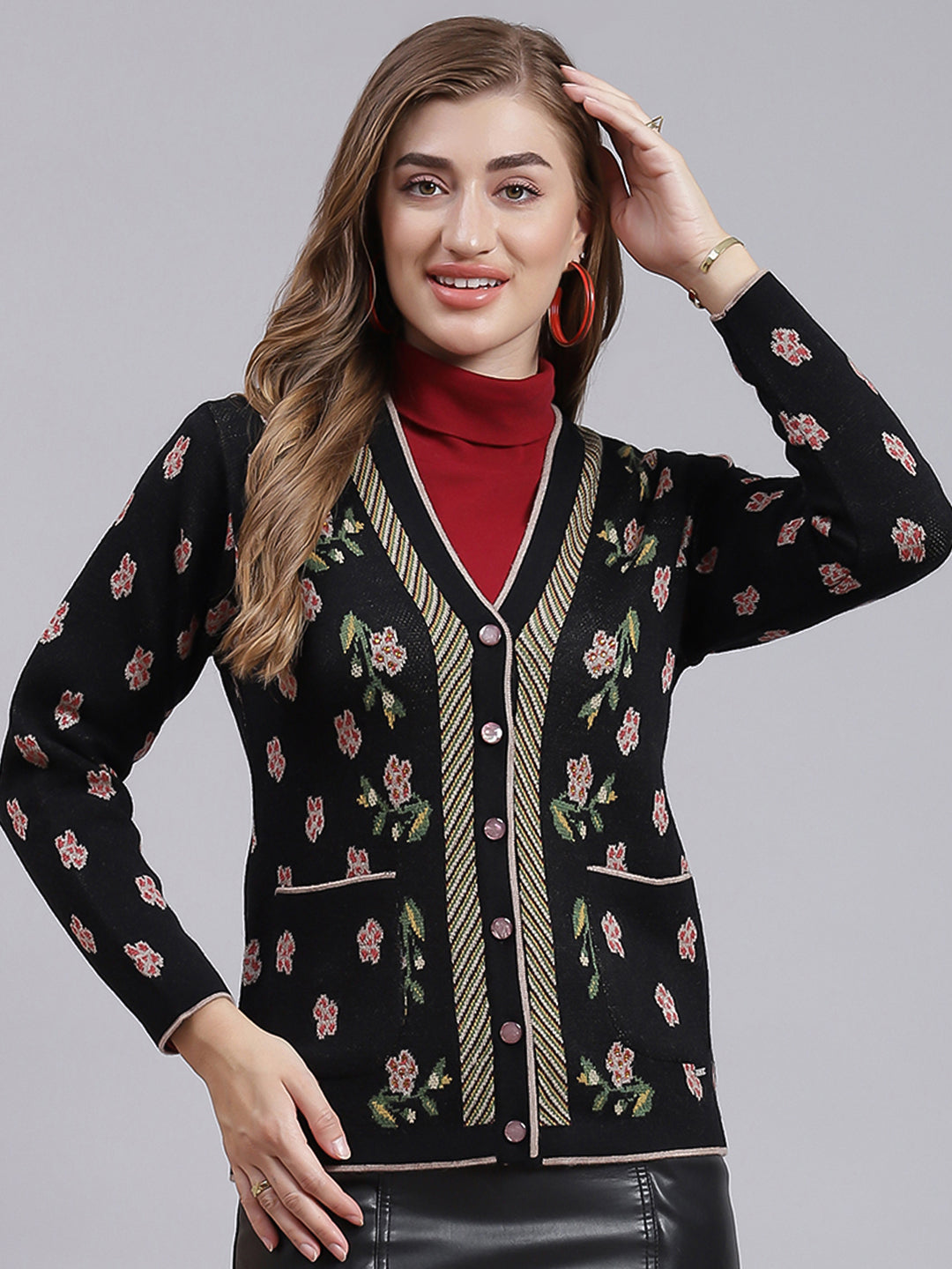 Women Black Jaquard Wool blend Cardigan