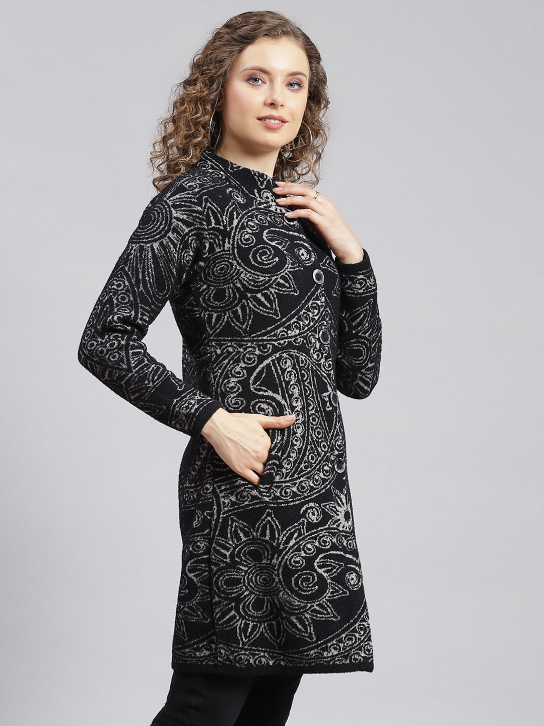 Women Black Jaquard Wool blend Knitted Coat