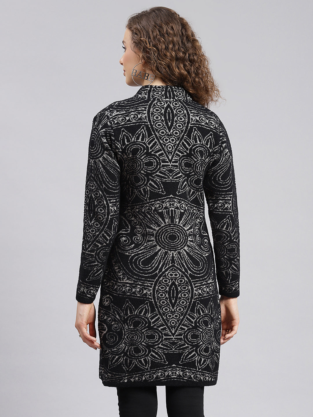 Women Black Jaquard Wool blend Knitted Coat