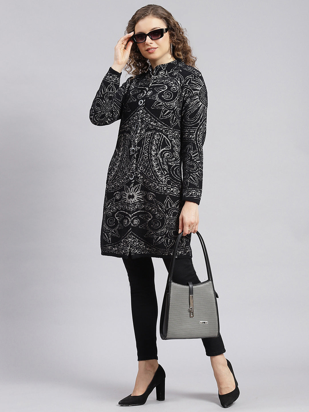 Women Black Jaquard Wool blend Knitted Coat