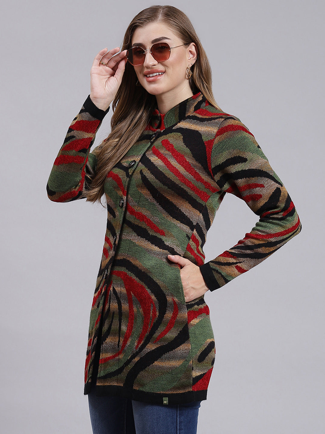 Women Black Jaquard Wool blend Knitted Coat