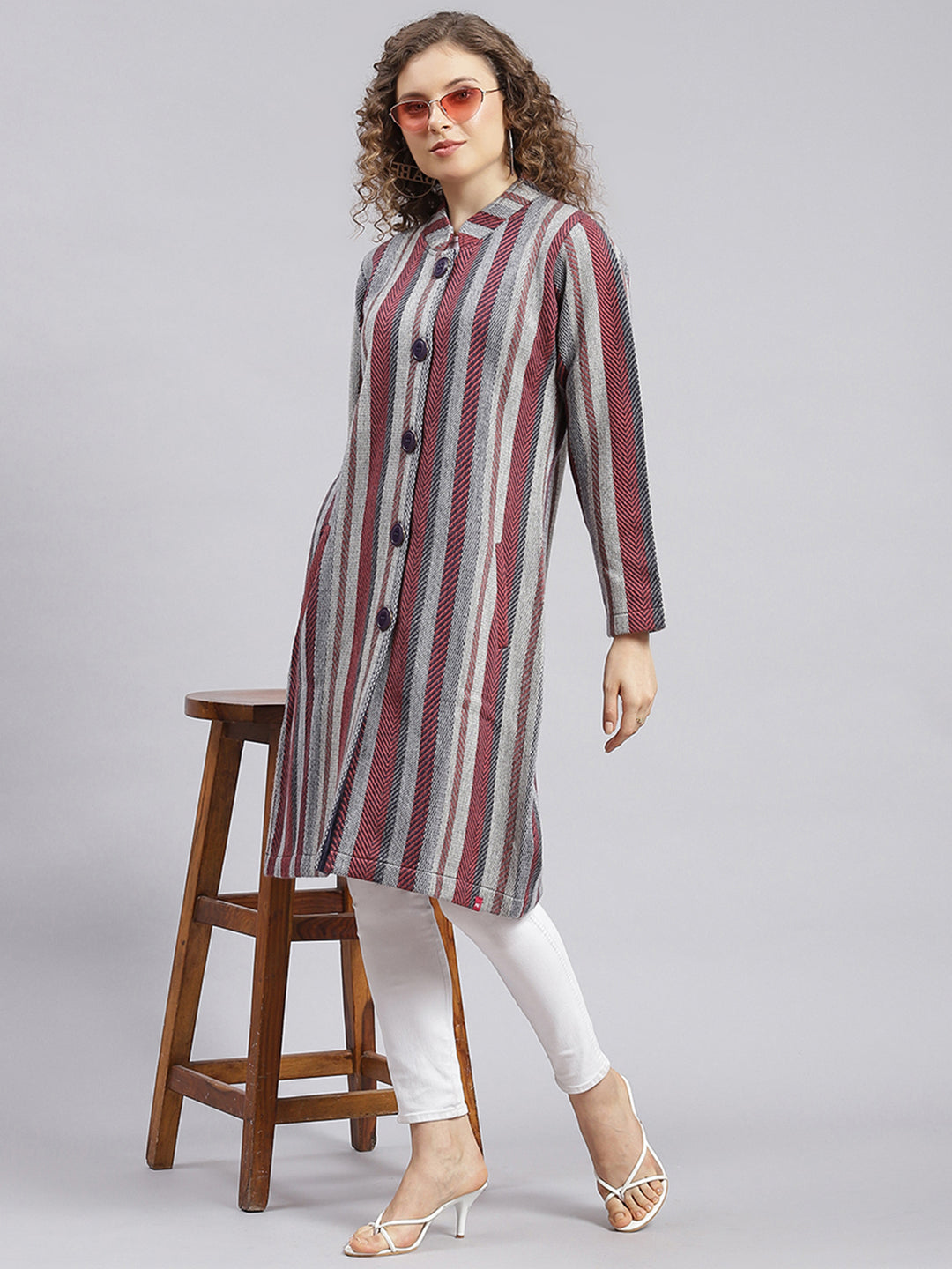 Women Multicolor Self Design Wool blend Knitted Coat