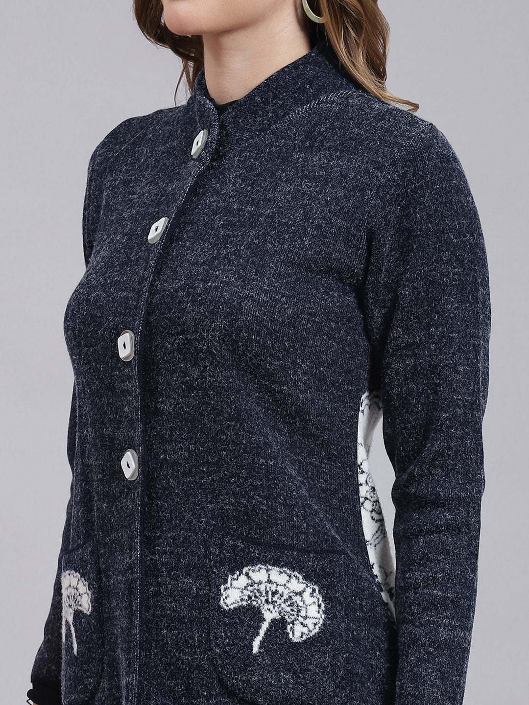 Women Navy Blue Jaquard Wool blend Knitted Coat