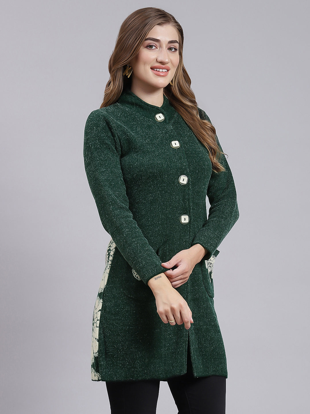 Women Green Jaquard Wool blend Knitted Coat