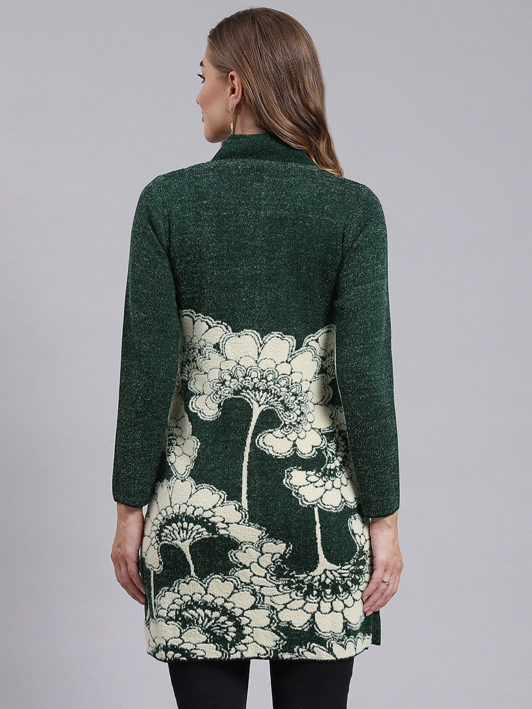 Women Green Jaquard Wool blend Knitted Coat