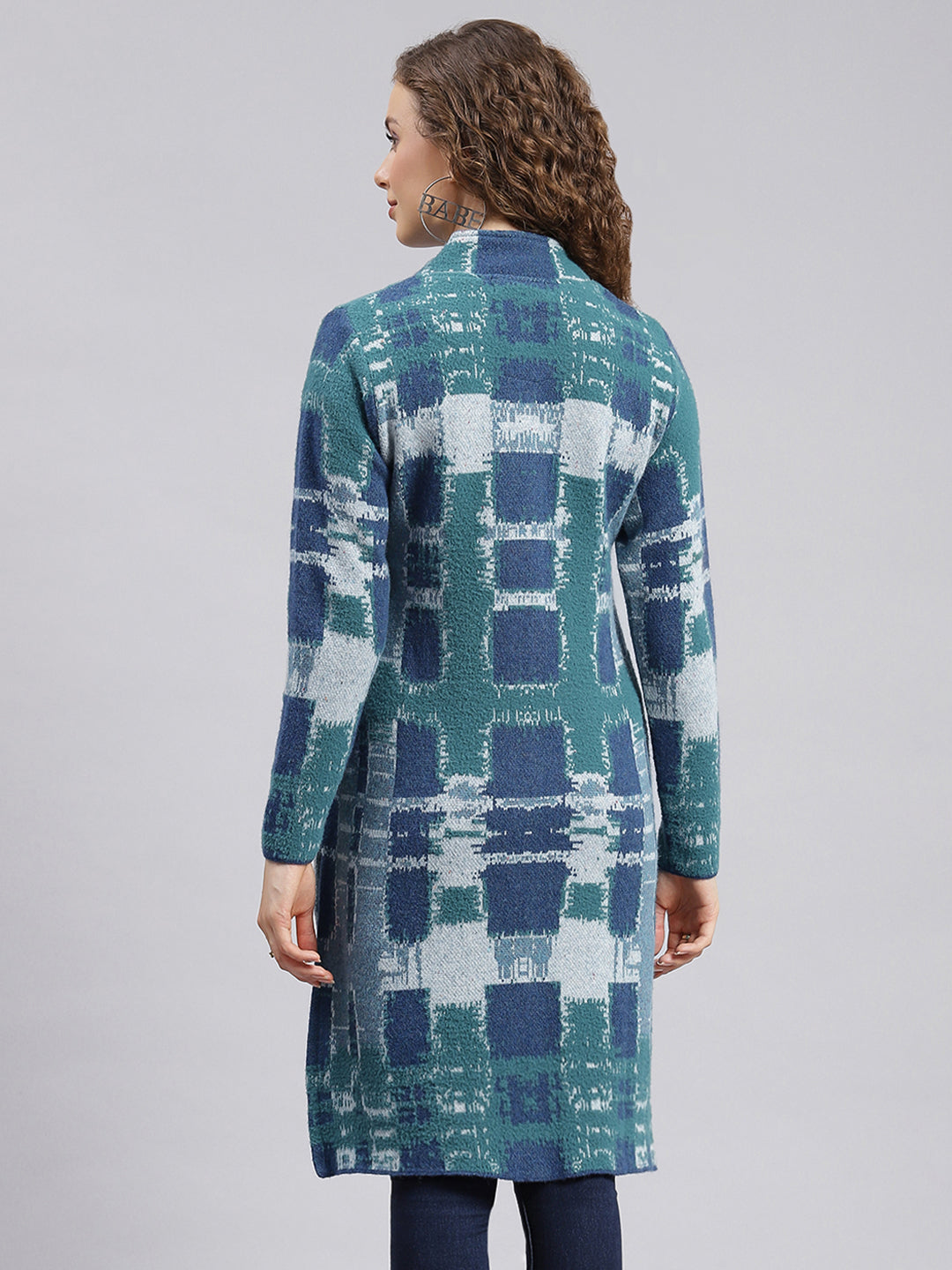 Women Blue Jaquard Wool blend Knitted Coat