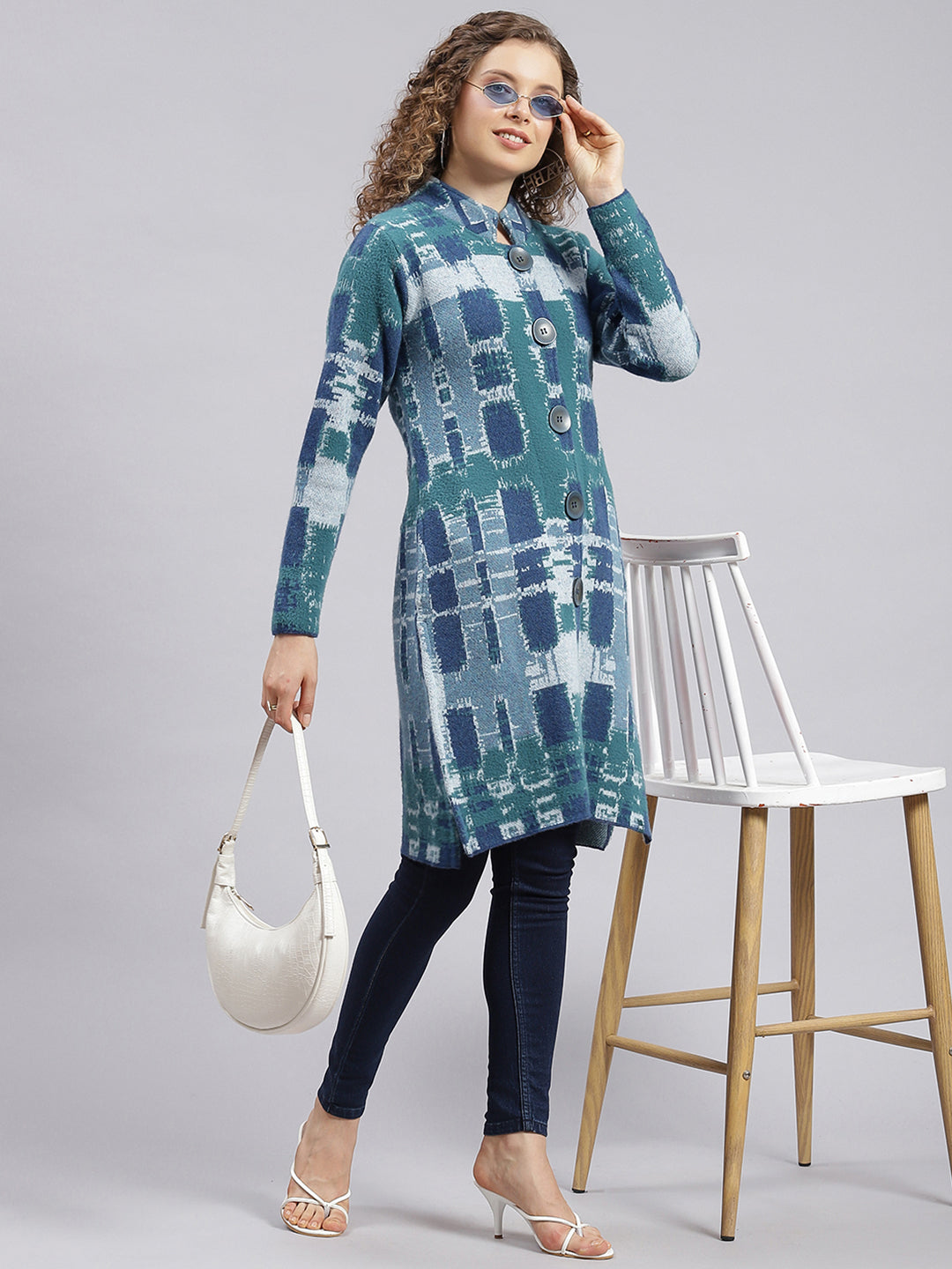 Women Blue Jaquard Wool blend Knitted Coat
