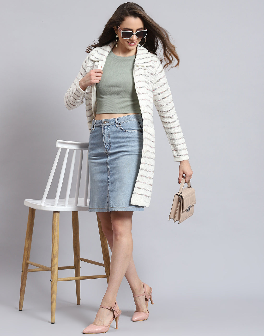 Women White Stripe Collar Full Sleeve Cardigan