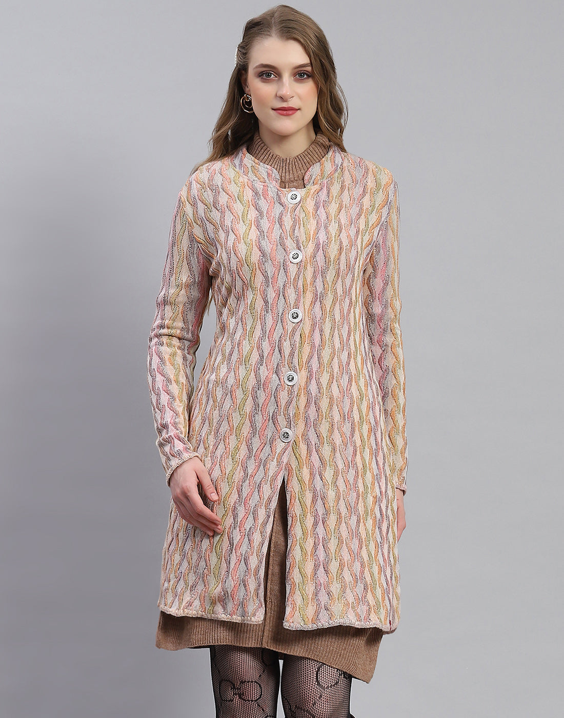 Women Peach Self Design Round Neck Full Sleeve Coat