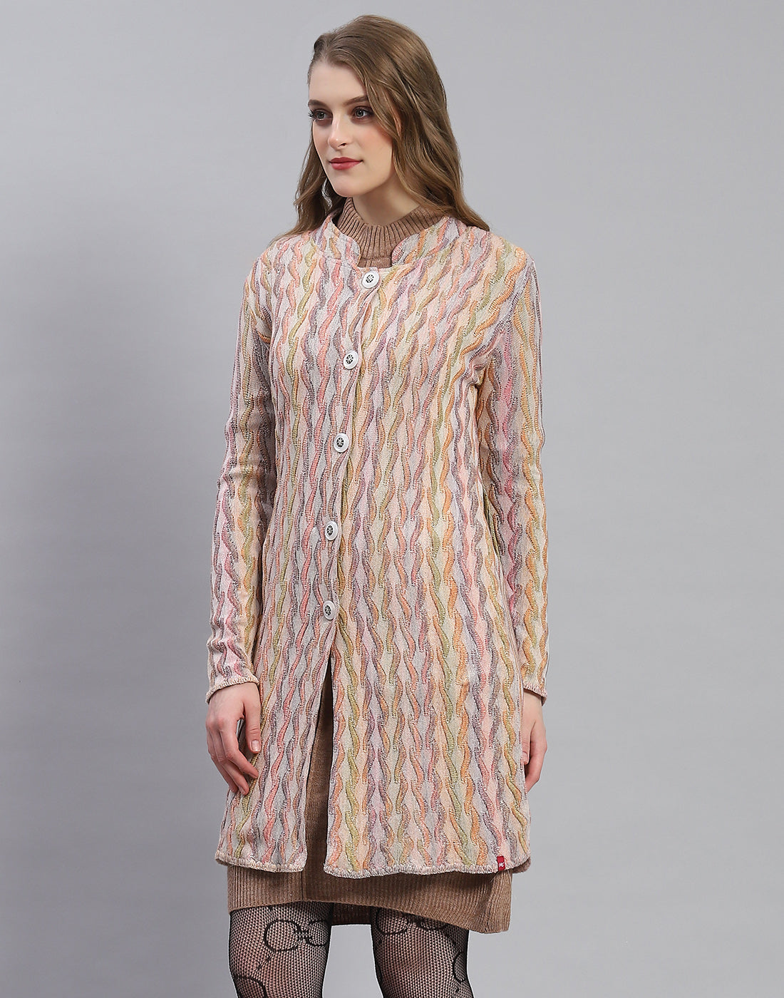 Women Peach Self Design Round Neck Full Sleeve Coat