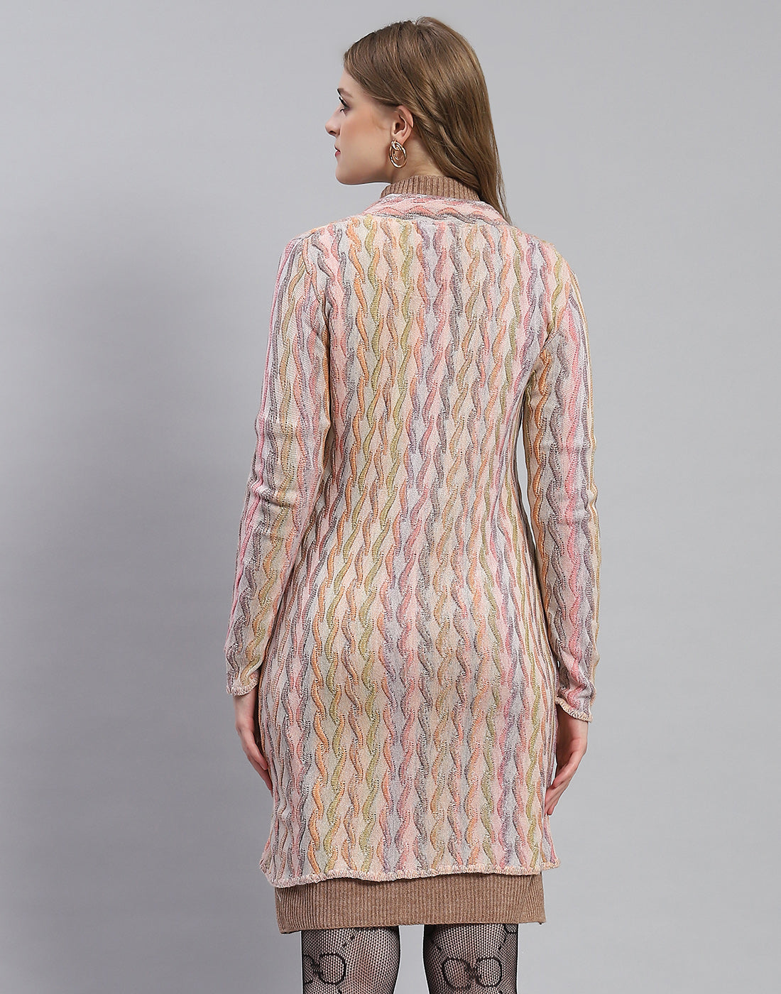 Women Peach Self Design Round Neck Full Sleeve Coat