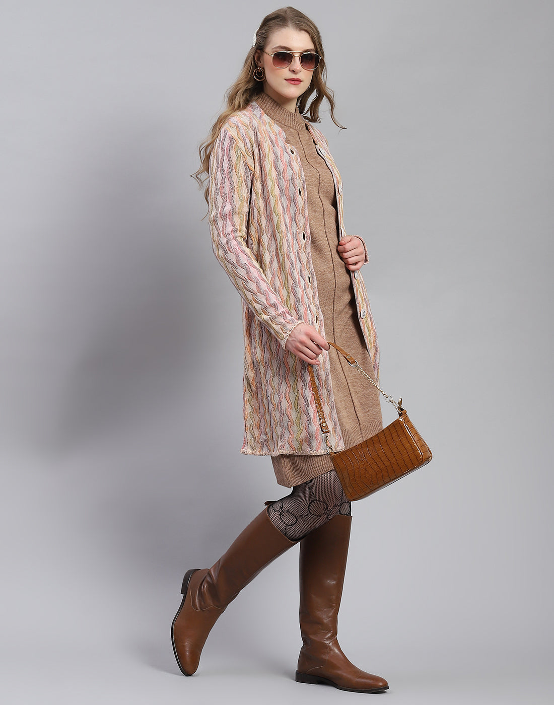 Women Peach Self Design Round Neck Full Sleeve Coat