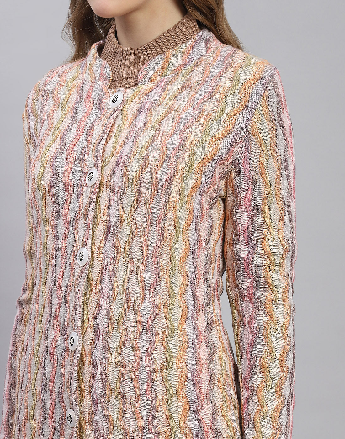 Women Peach Self Design Round Neck Full Sleeve Coat