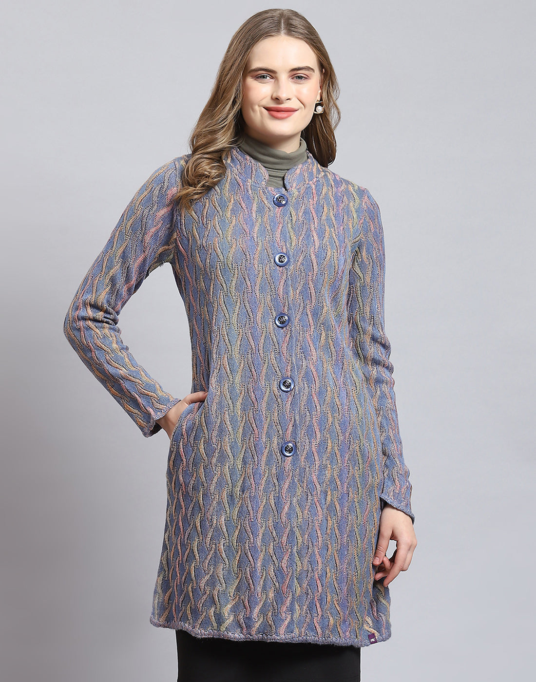 Women Purple Self Design Round Neck Full Sleeve Coat