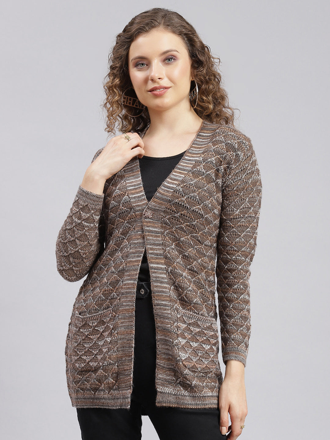 Women Brown Jaquard Wool blend Cardigan