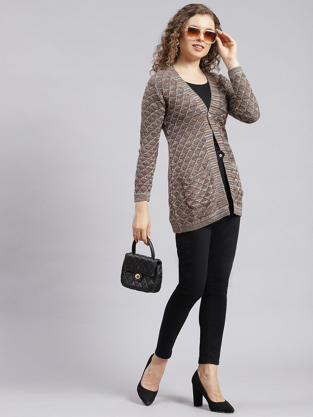 Women Brown Jaquard Wool blend Cardigan