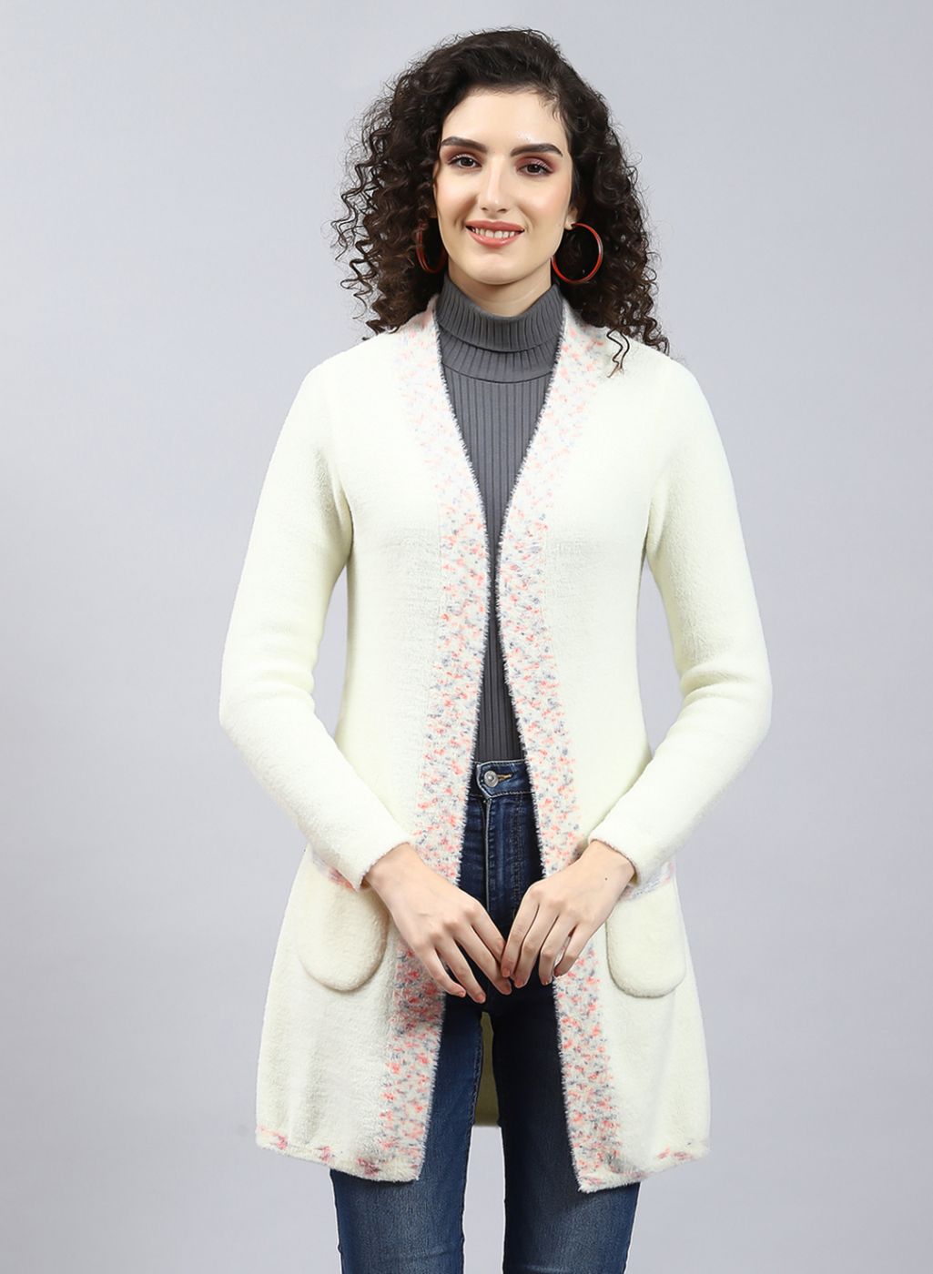Women Off White Self Design Wool blend Cardigan