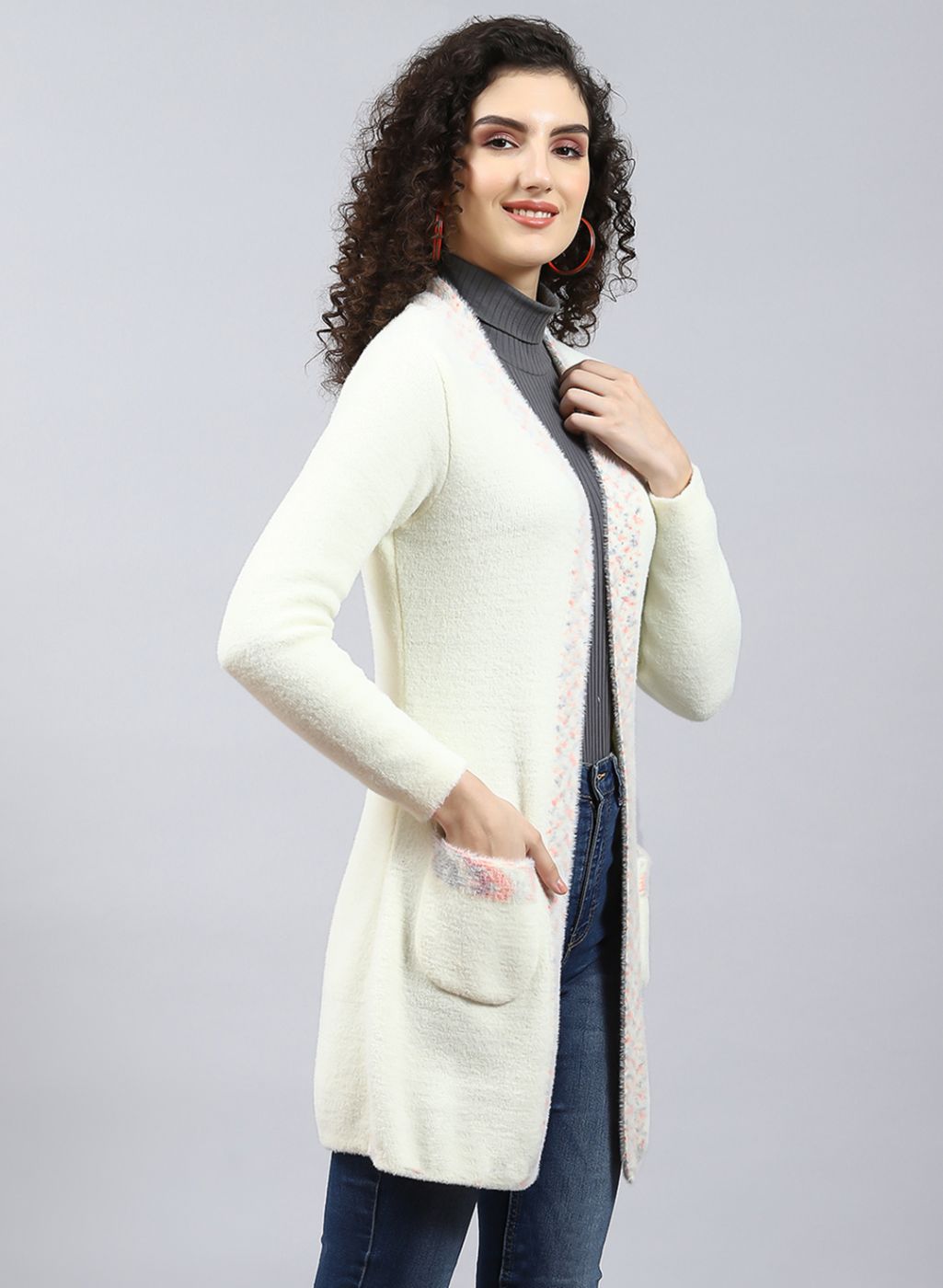 Women Off White Self Design Wool blend Cardigan