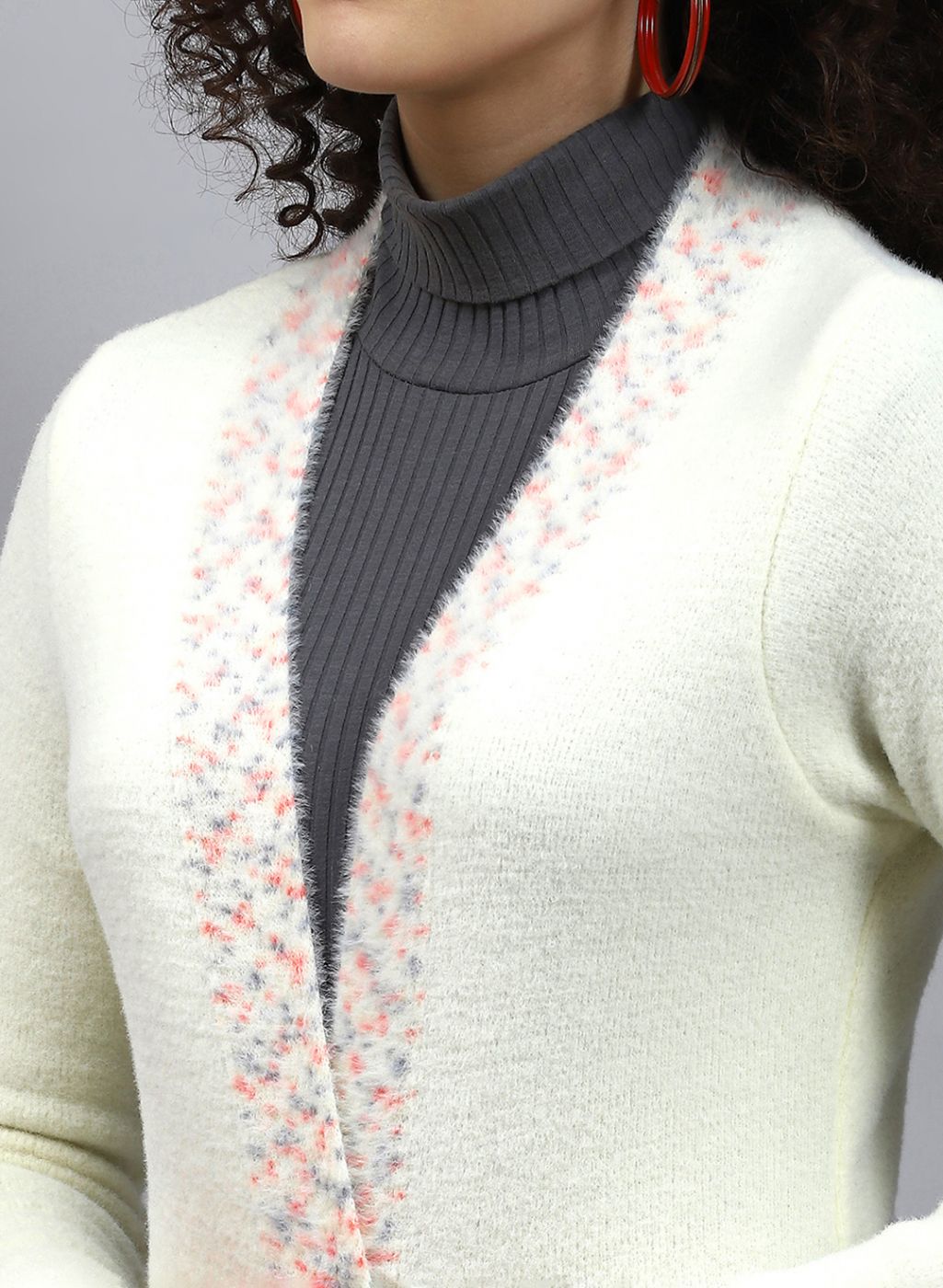 Women Off White Self Design Wool blend Cardigan