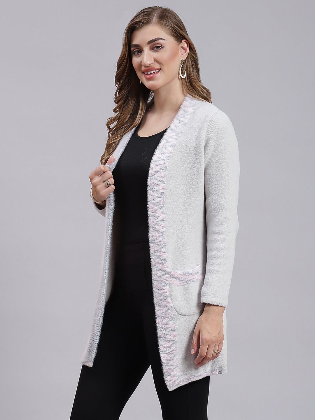 Women Grey Self Design Wool blend Cardigan