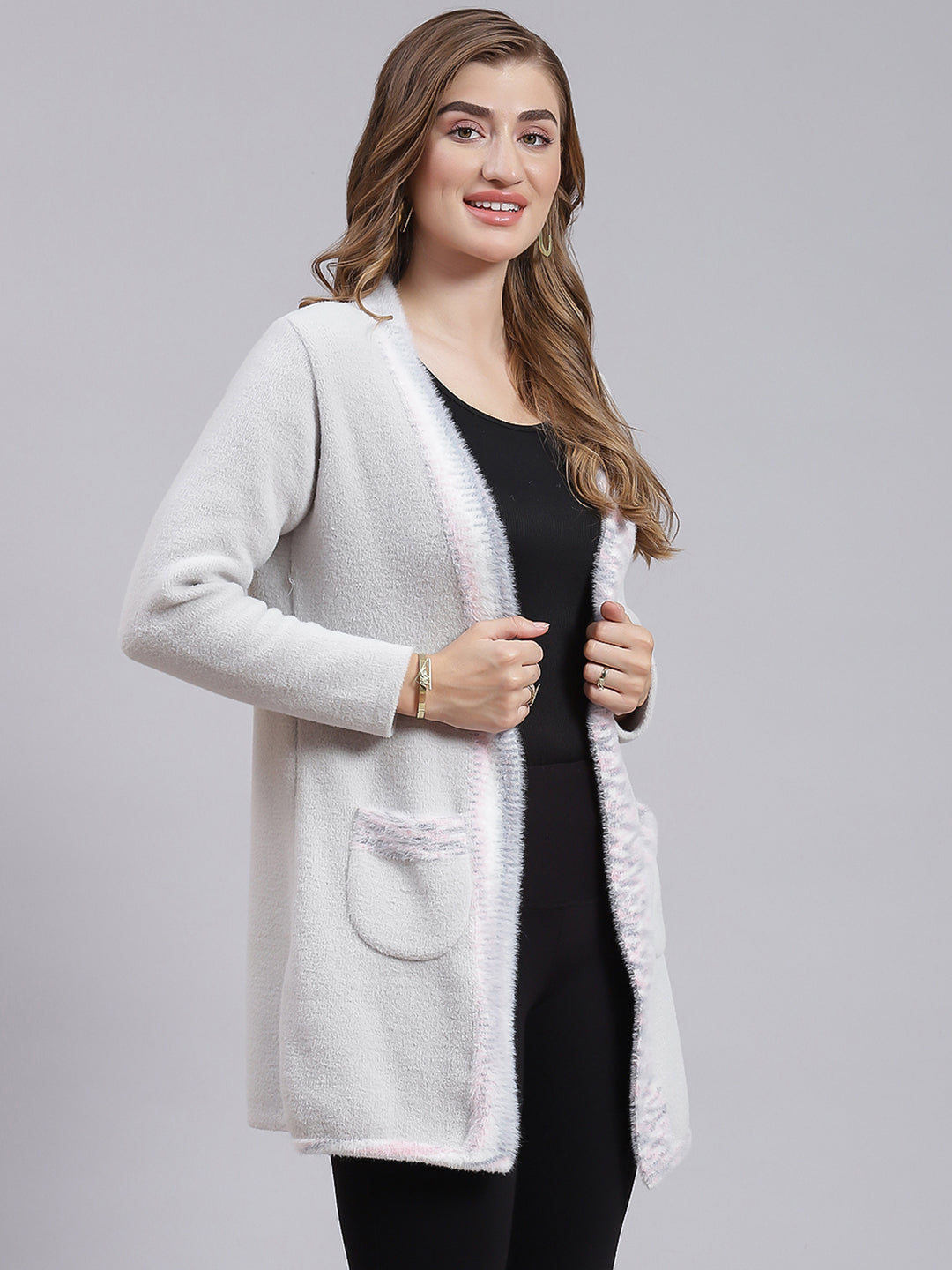 Women Grey Self Design Wool blend Cardigan