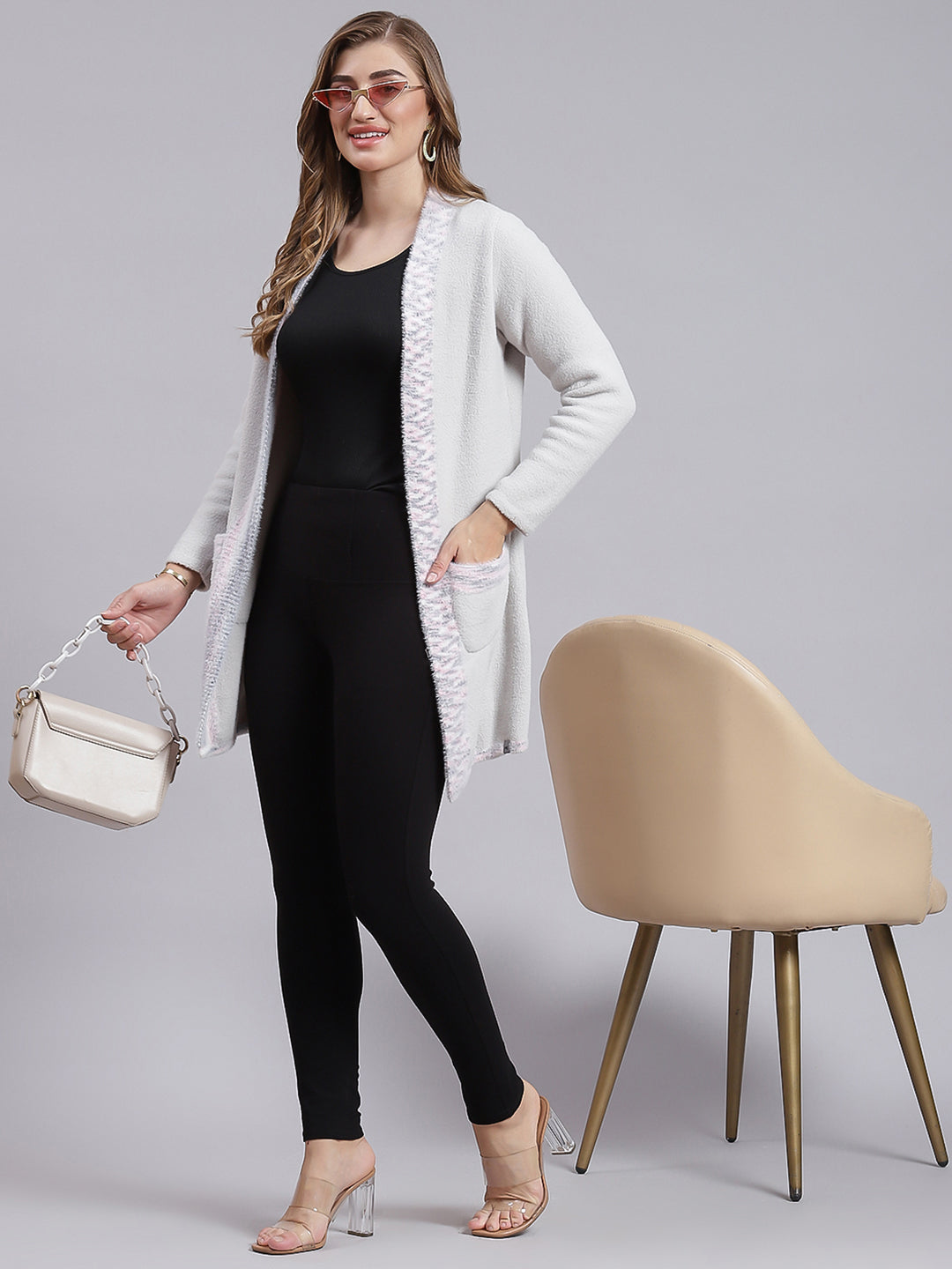 Women Grey Self Design Wool blend Cardigan