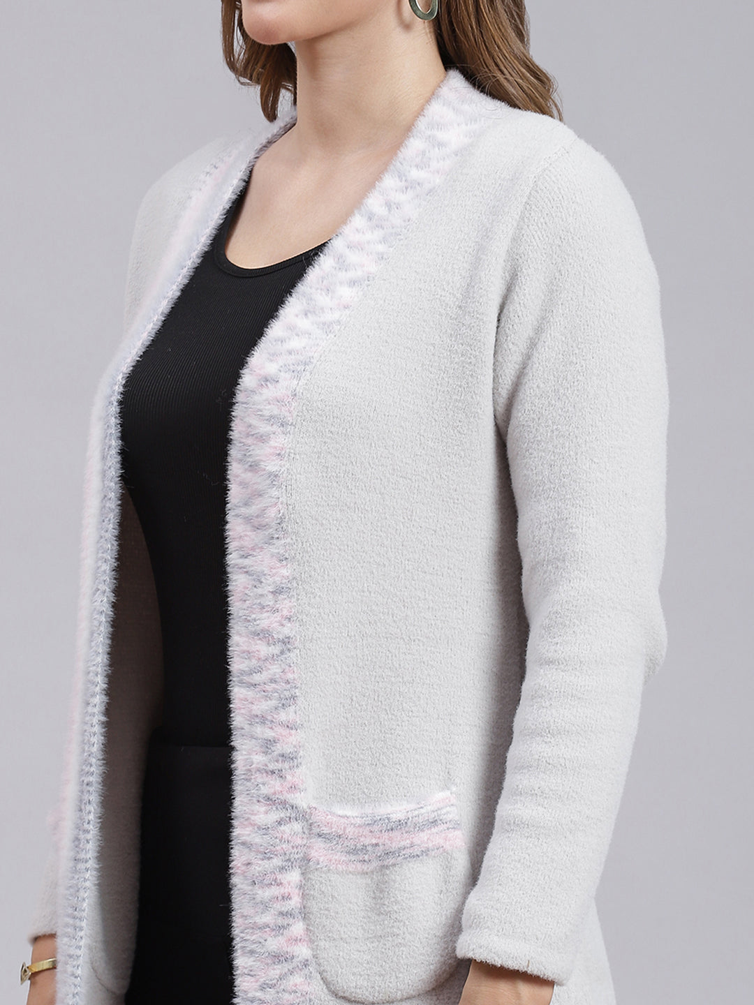 Women Grey Self Design Wool blend Cardigan