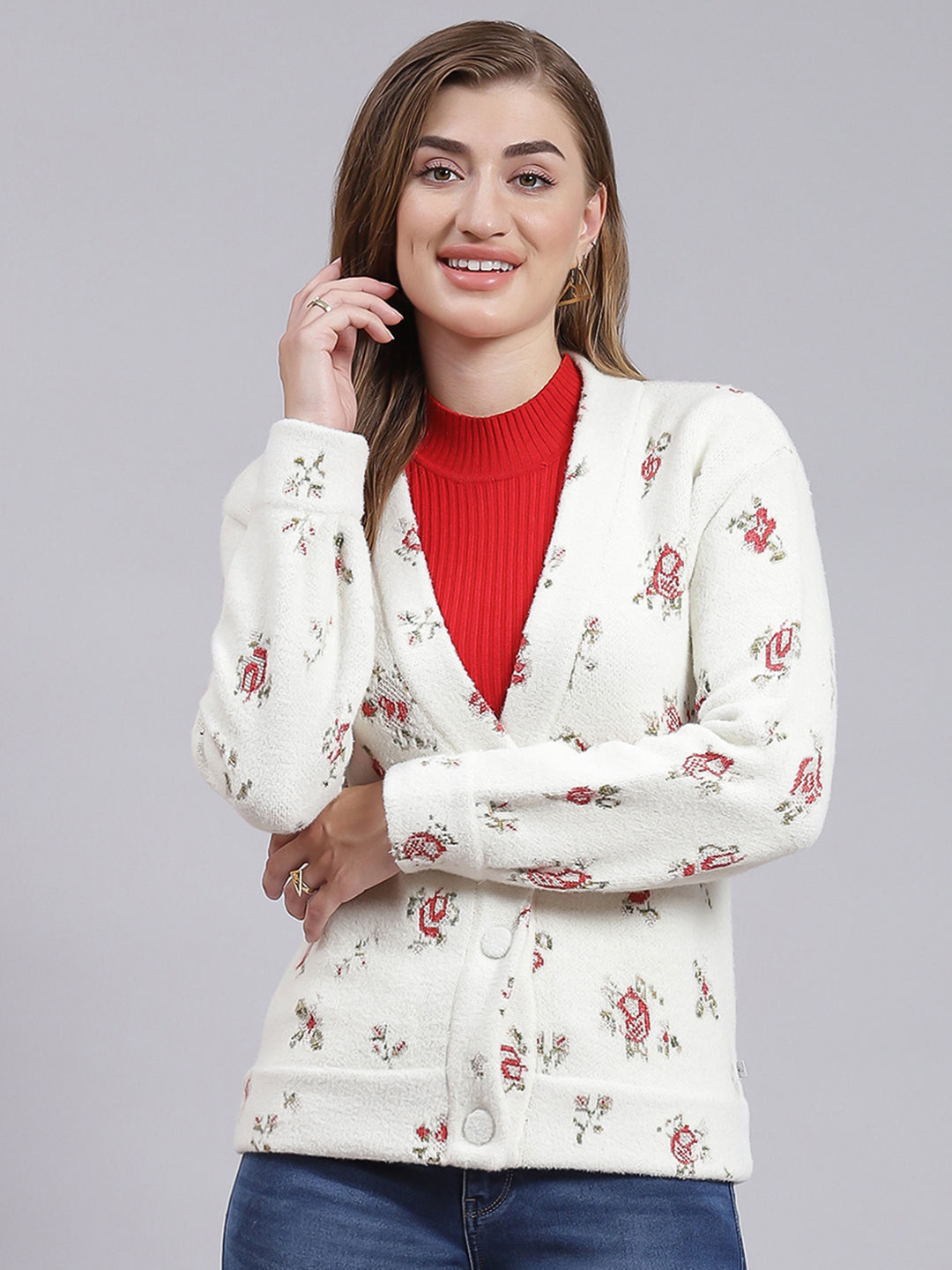 Women Off White Jaquard Wool blend Cardigan